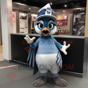 Gray Blue Jay mascot costume character dressed with a Mini Skirt and Hats