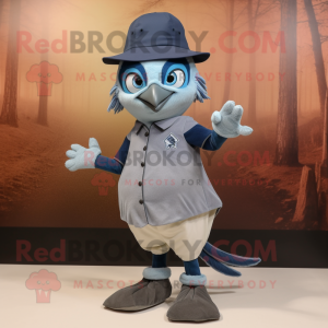 Gray Blue Jay mascot costume character dressed with a Mini Skirt and Hats