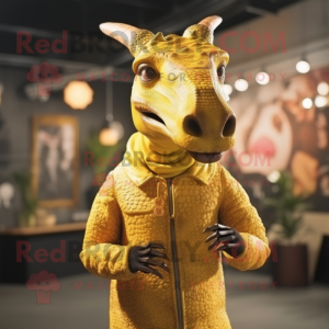 Gold Parasaurolophus mascot costume character dressed with a Sweater and Headbands