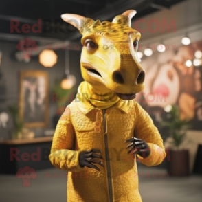 Gold Parasaurolophus mascot costume character dressed with a Sweater and Headbands