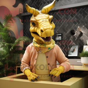 Gold Parasaurolophus mascot costume character dressed with a Sweater and Headbands