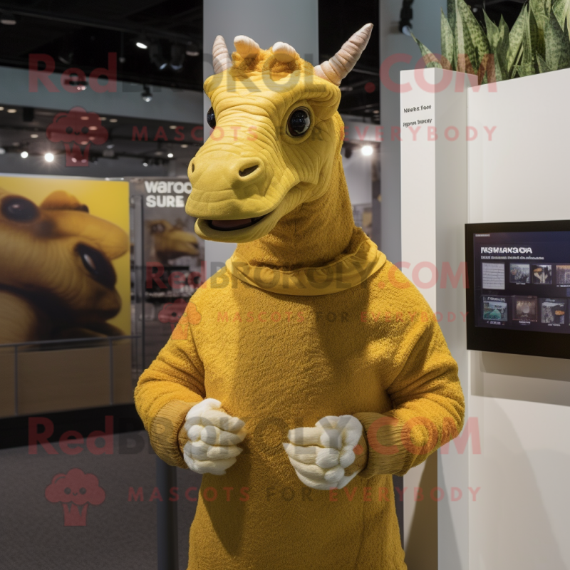 Gold Parasaurolophus mascot costume character dressed with a Sweater and Headbands