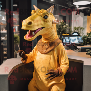 Gold Parasaurolophus mascot costume character dressed with a Sweater and Headbands
