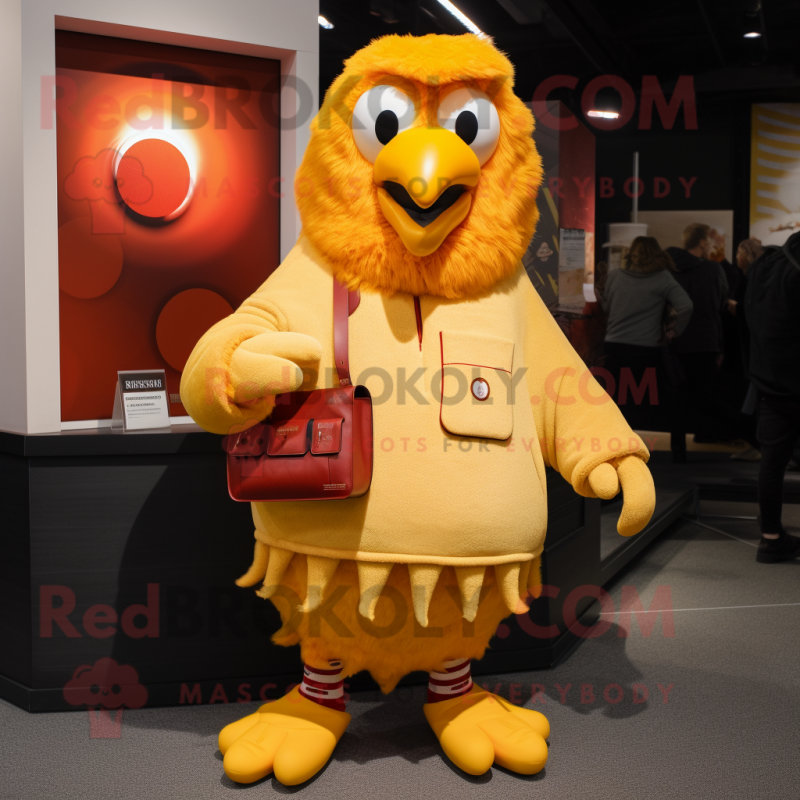 Gold Chicken Parmesan mascot costume character dressed with a Sweatshirt and Handbags Gold Chicken Parmesan mascot costume character dressed with a Sweatshirt and Handbags