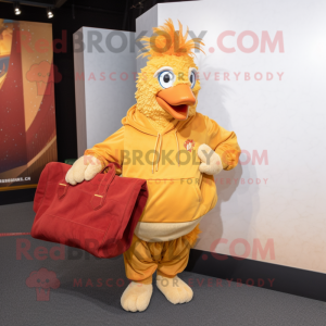 Gold Chicken Parmesan mascot costume character dressed with a Sweatshirt and Handbags