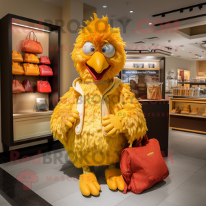 Gold Chicken Parmesan mascot costume character dressed with a Sweatshirt and Handbags