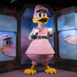 Pink Goose mascot costume character dressed with a Tank Top and Caps