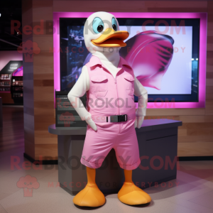 Pink Goose mascot costume character dressed with a Tank Top and Caps