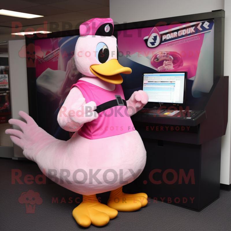 Pink Goose mascot costume character dressed with a Tank Top and Caps