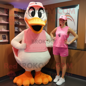 Pink Goose mascot costume character dressed with a Tank Top and Caps