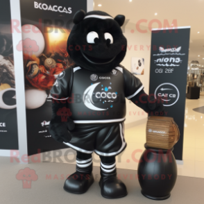 Black Scented Candle mascot costume character dressed with a Rugby Shirt and Messenger bags