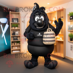 Black Scented Candle mascot costume character dressed with a Rugby Shirt and Messenger bags