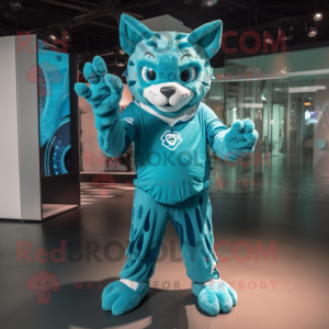 Cyan Bobcat mascot costume character dressed with a Playsuit and Rings