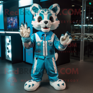 Cyan Bobcat mascot costume character dressed with a Playsuit and Rings