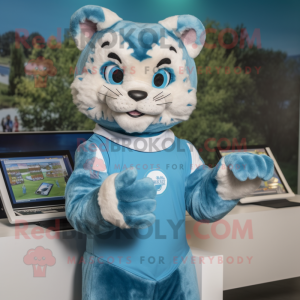 Cyan Bobcat mascot costume character dressed with a Playsuit and Rings