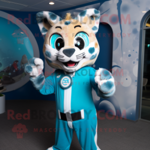 Cyan Bobcat mascot costume character dressed with a Playsuit and Rings