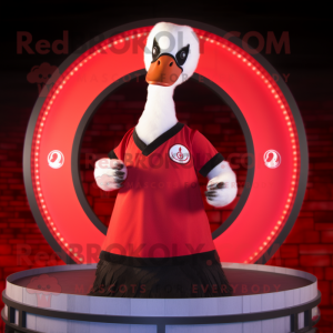Red Swan mascot costume character dressed with a Henley Shirt and Rings