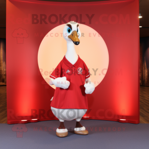 Red Swan mascot costume character dressed with a Henley Shirt and Rings