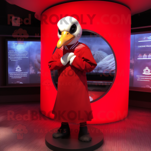 Red Swan mascot costume character dressed with a Henley Shirt and Rings