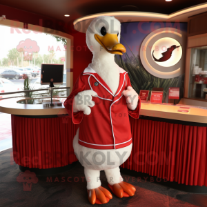 Red Swan mascot costume character dressed with a Henley Shirt and Rings