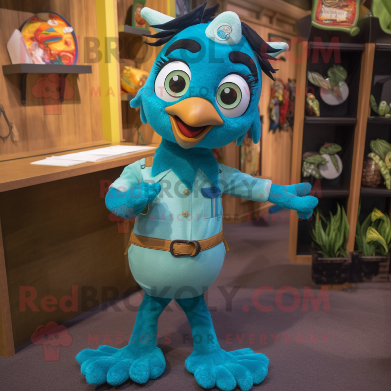 Turquoise Peacock mascot costume character dressed with a Overalls and Suspenders