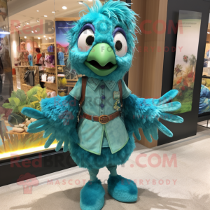 Turquoise Peacock mascot costume character dressed with a Overalls and Suspenders