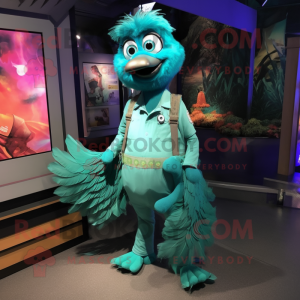 Turquoise Peacock mascot costume character dressed with a Overalls and Suspenders