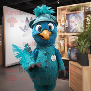 Turquoise Peacock mascot costume character dressed with a Overalls and Suspenders