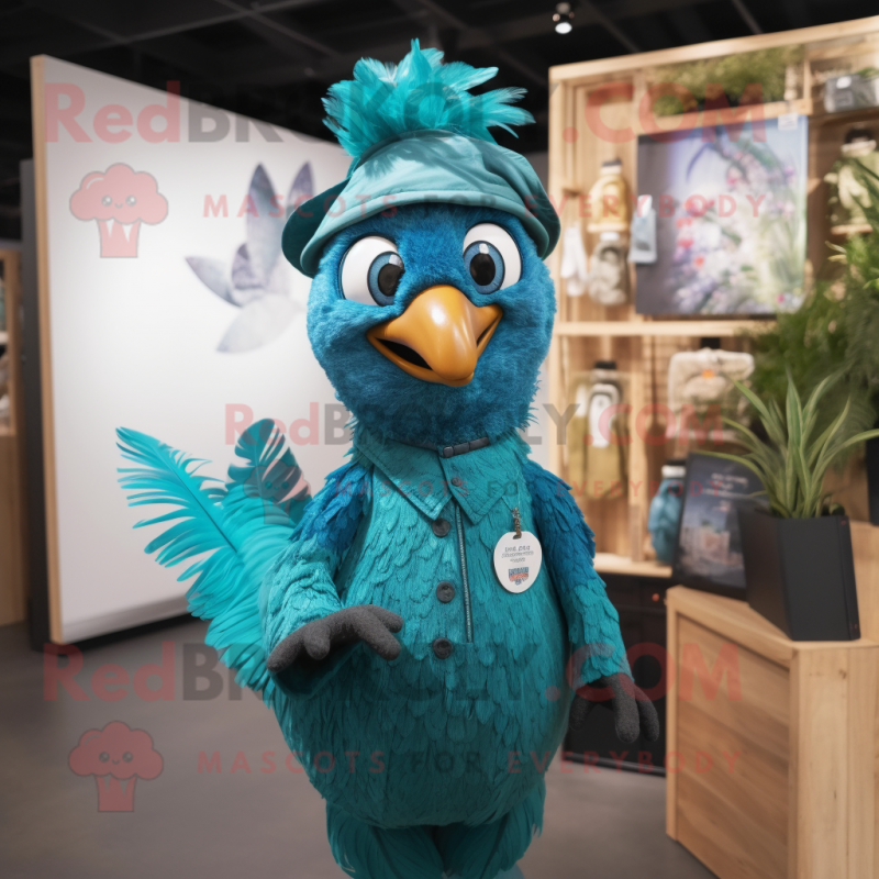 Turquoise Peacock mascot costume character dressed with a Overalls and Suspenders Turquoise Peacock mascot costume character dressed with a Overalls and Suspenders