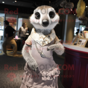 Silver Meerkat mascot costume character dressed with a A-Line Skirt and Brooches