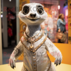 Silver Meerkat mascot costume character dressed with a A-Line Skirt and Brooches