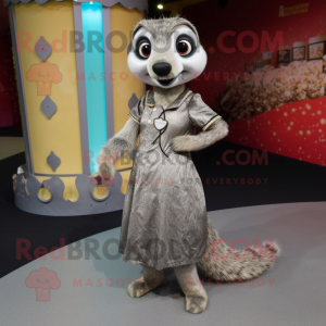 Silver Meerkat mascot costume character dressed with a A-Line Skirt and Brooches