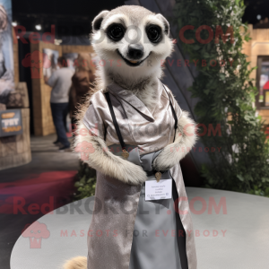 Silver Meerkat mascot costume character dressed with a A-Line Skirt and Brooches