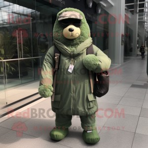 Green Navy Seal mascot costume character dressed with a Parka and Messenger bags