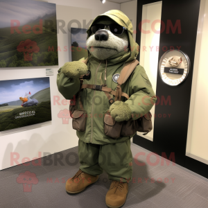Green Navy Seal mascot costume character dressed with a Parka and Messenger bags