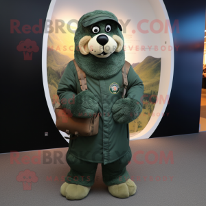 Green Navy Seal mascot costume character dressed with a Parka and Messenger bags