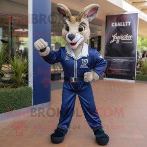 Navy Gazelle mascot costume character dressed with a Moto Jacket and Belts