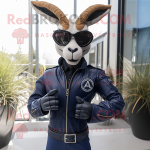 Navy Gazelle mascot costume character dressed with a Moto Jacket and Belts