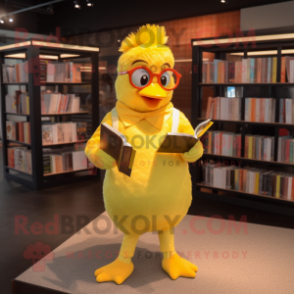 Yellow Gosling mascot costume character dressed with a Romper and Reading glasses