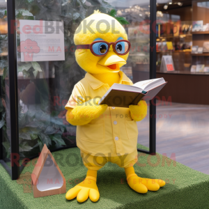 Yellow Gosling mascot costume character dressed with a Romper and Reading glasses