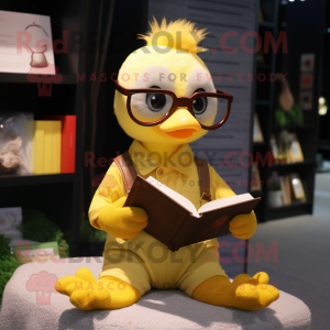 Yellow Gosling mascot costume character dressed with a Romper and Reading glasses