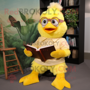 Yellow Gosling mascot costume character dressed with a Romper and Reading glasses