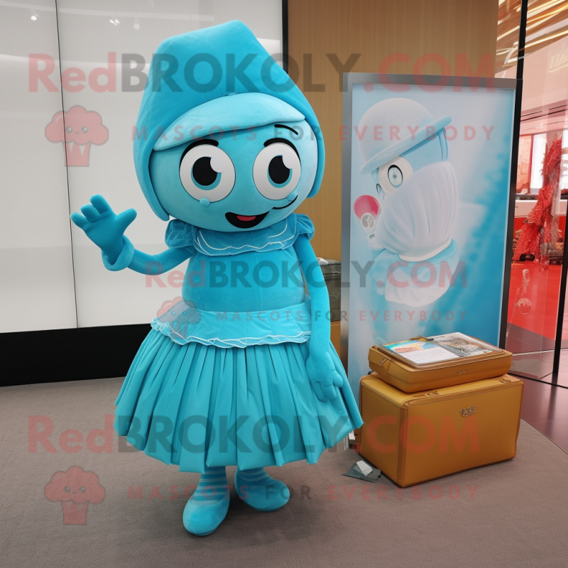 Cyan Champagne mascot costume character dressed with a Pleated Skirt and Wallets Cyan Champagne mascot costume character dressed with a Pleated Skirt and Wallets