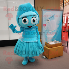 Cyan Champagne mascot costume character dressed with a Pleated Skirt and Wallets