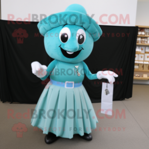 Cyan Champagne mascot costume character dressed with a Pleated Skirt and Wallets