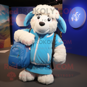 Sky Blue Suffolk Sheep mascot costume character dressed with a Sweatshirt and Messenger bags