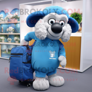 Sky Blue Suffolk Sheep mascot costume character dressed with a Sweatshirt and Messenger bags