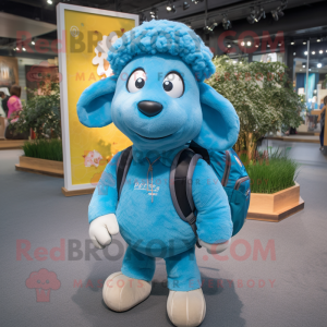 Sky Blue Suffolk Sheep mascot costume character dressed with a Sweatshirt and Messenger bags