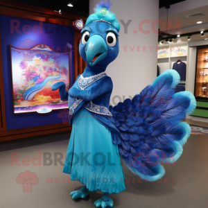 Blue Peacock mascot costume character dressed with a Mini Skirt and Shawls