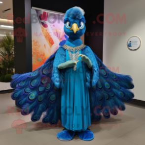 Blue Peacock mascot costume character dressed with a Mini Skirt and Shawls